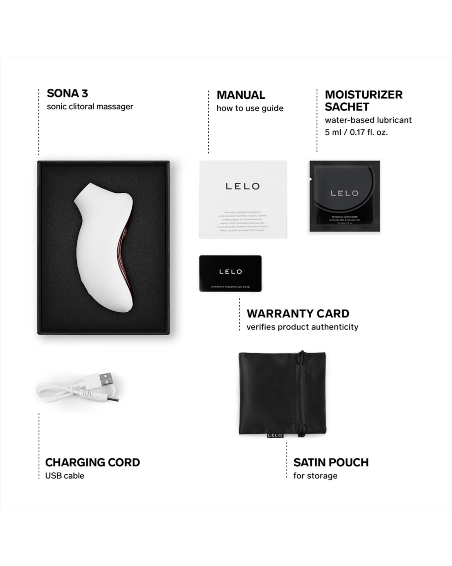 LELO Sona 3 Cream box contents with charger, pouch, manual, warranty card and lubricant sachet