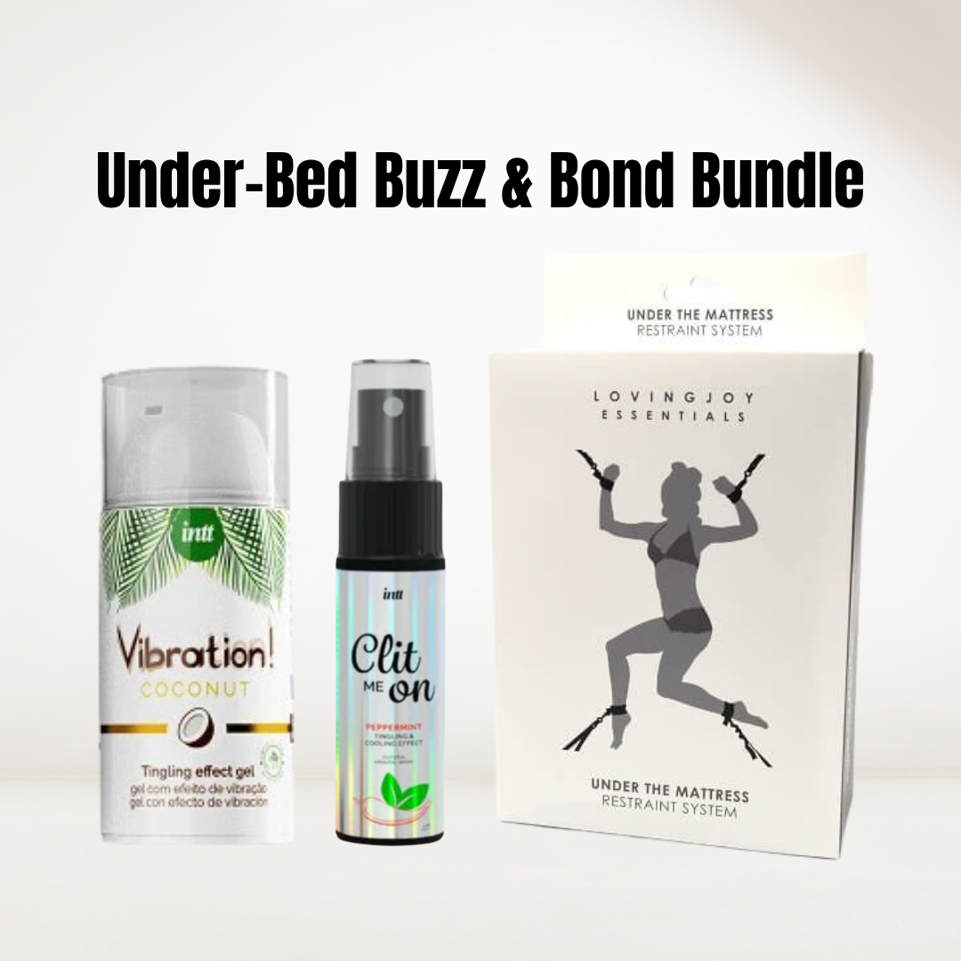 Bundle including INTT Vibration! Coconut Gel, INTT Clit Me On Peppermint Gel, and Loving Joy under-the-bed restraint system laid out on white bedding