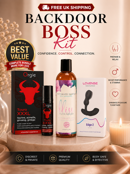 Backdoor Boss Kit luxury bundle with Free UK Shipping badge and Best Value seal. Includes Lovense Edge 2, Intimate Earth Bliss, and Orgie Touro XXXL.