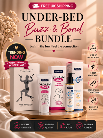 Under-Bed Buzz & Bond Bundle featuring under-the-mattress restraint system, Orgasm Max for Women cream, and BiggerSize Gel for men on a luxury gold tray with Free UK Shipping.
