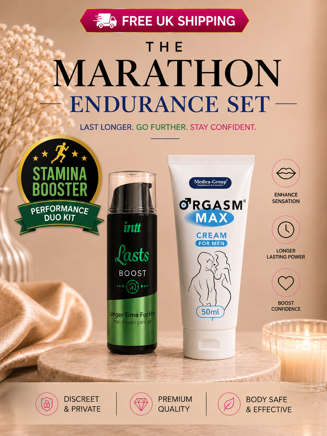 The Marathon Endurance Set featuring INTT Lasts Prolong Gel and OrgasmMax Cream for long-lasting male performance.