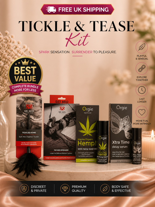 Tickle & Tease Kit bundle for couples featuring SEI MIO mattress restraints, feather tickler, Orgie Hemp intense gel, and Xtra Time delay serum on a marble stand with Free UK Shipping badge.