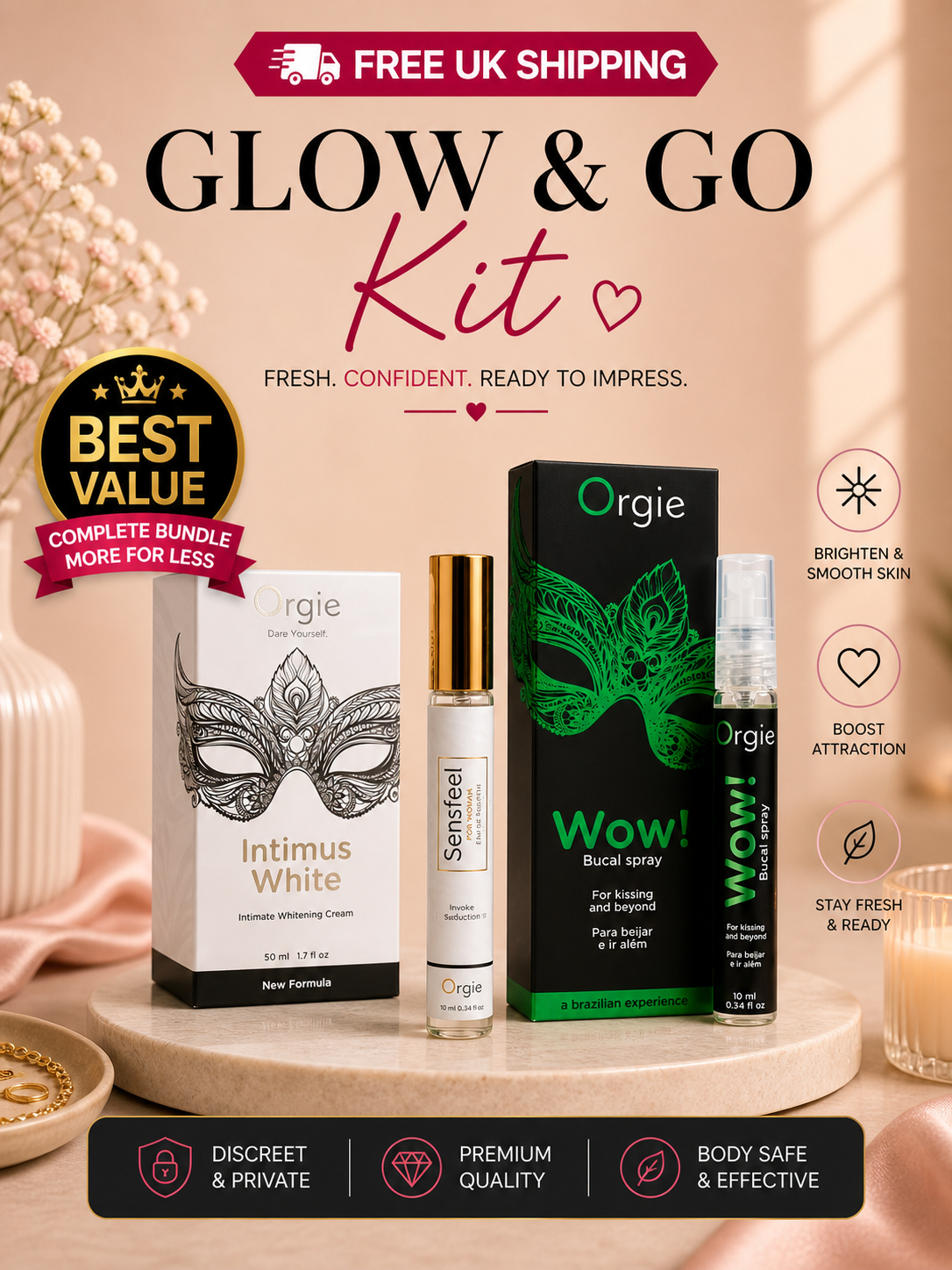 Glow & Go Kit bundle featuring Orgie Intimus White cream, Sensfeel pheromone perfume, and Wow! breath spray on a luxury marble stand with Free UK Shipping.
