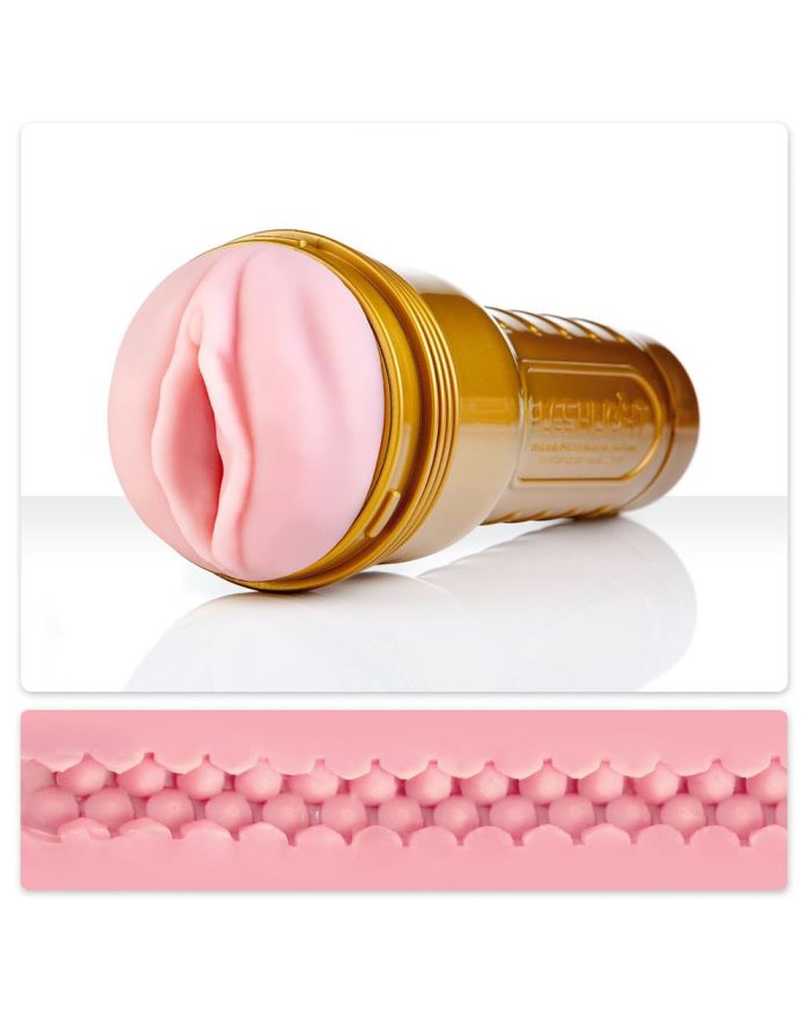 Fleshlight Pink Lady STU in gold case with close-up of textured SuperSkin sleeve