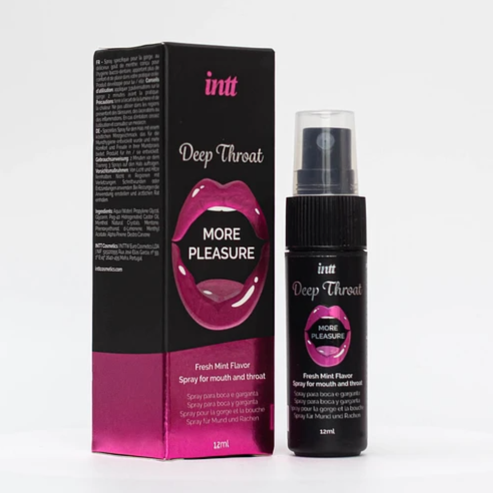 INTT Deep Throat Spray 30ml, a desensitizing mint spray to relax muscles and reduce gag reflex.
