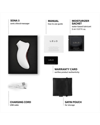 LELO Sona 3 Cream box contents with charger, pouch, manual, warranty card and lubricant sachet