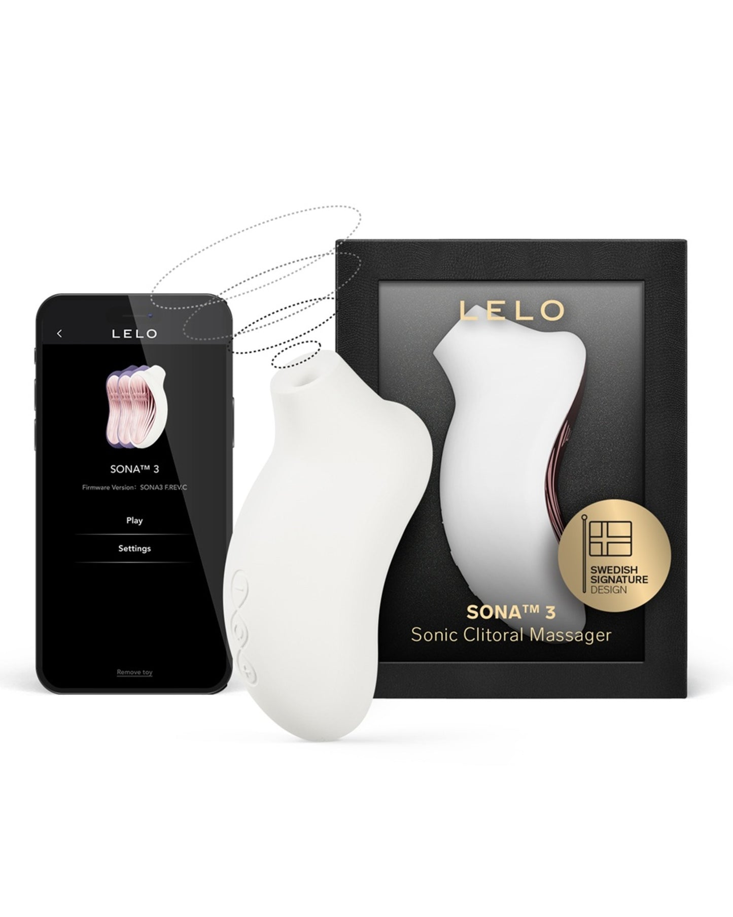 LELO Sona 3 Cream beside its retail box and a smartphone displaying the LELO app