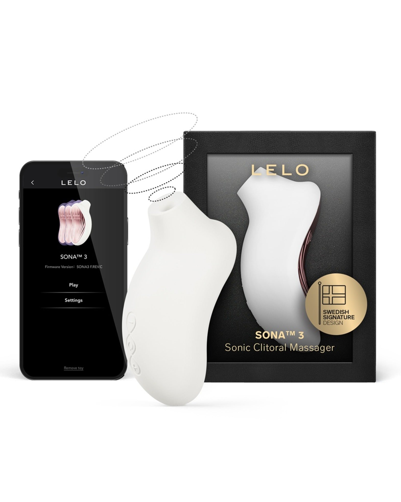 LELO Sona 3 Cream beside its retail box and a smartphone displaying the LELO app
