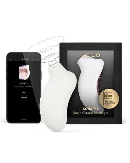 LELO Sona 3 Cream beside its retail box and a smartphone displaying the LELO app