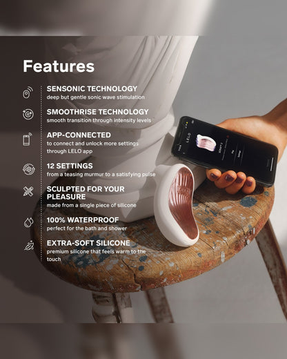 LELO Sona 3 Cream features infographic for SenSonic, SmoothRise, app control and 12 settings