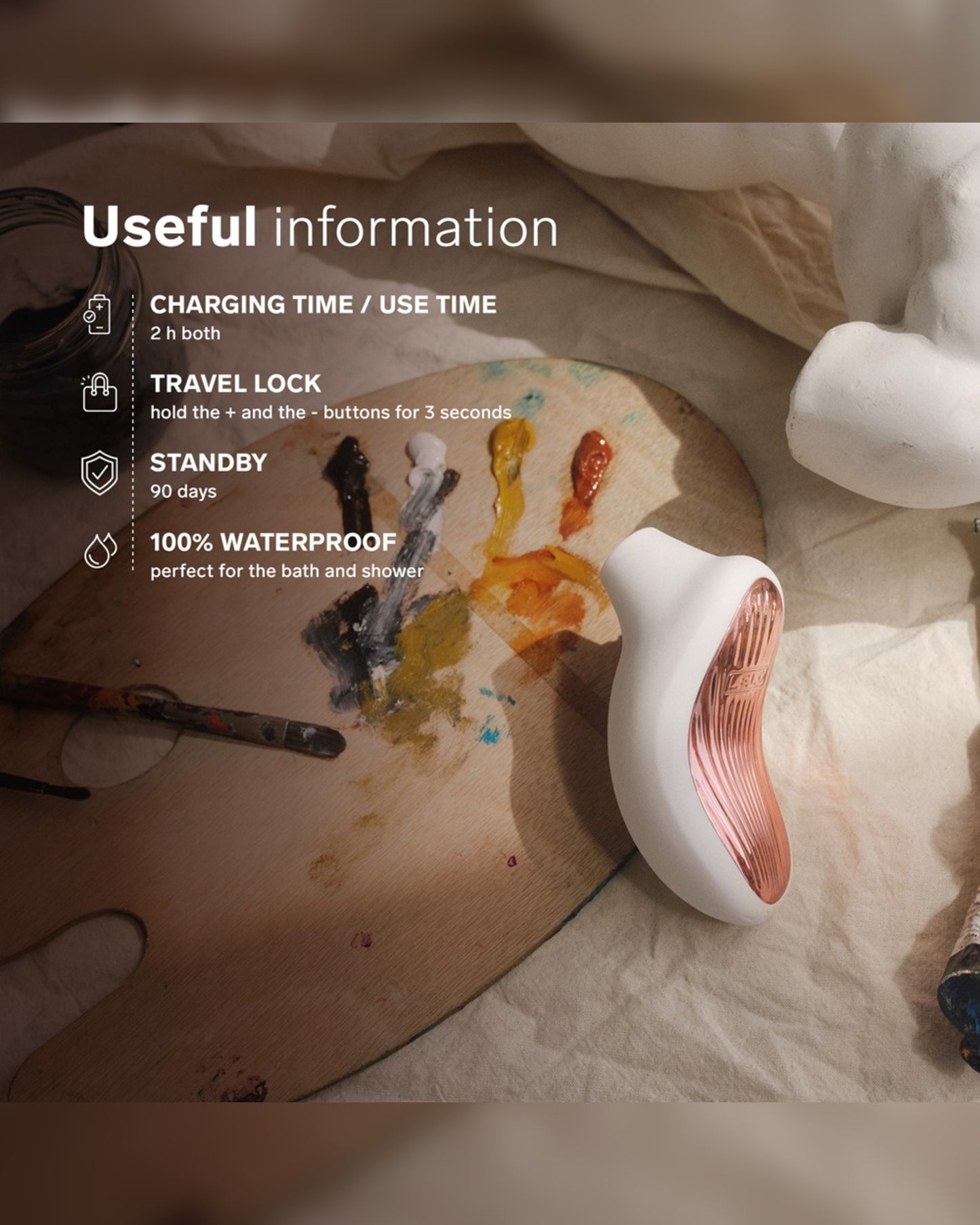 LELO Sona 3 Cream waterproof, charging, use-time and travel-lock information infographic