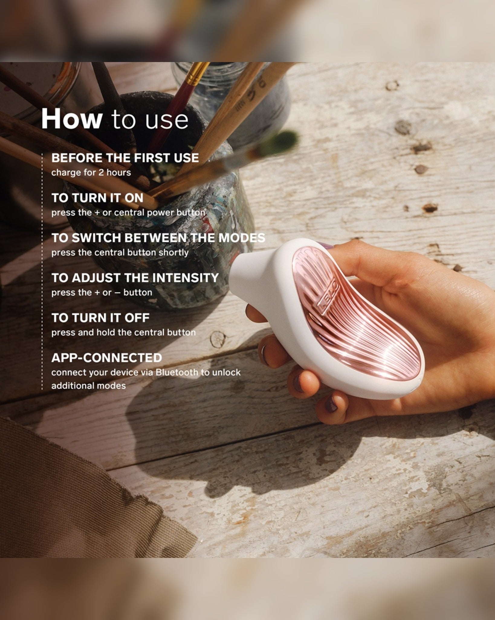 How to use LELO Sona 3 Cream infographic with charging, controls and app connection