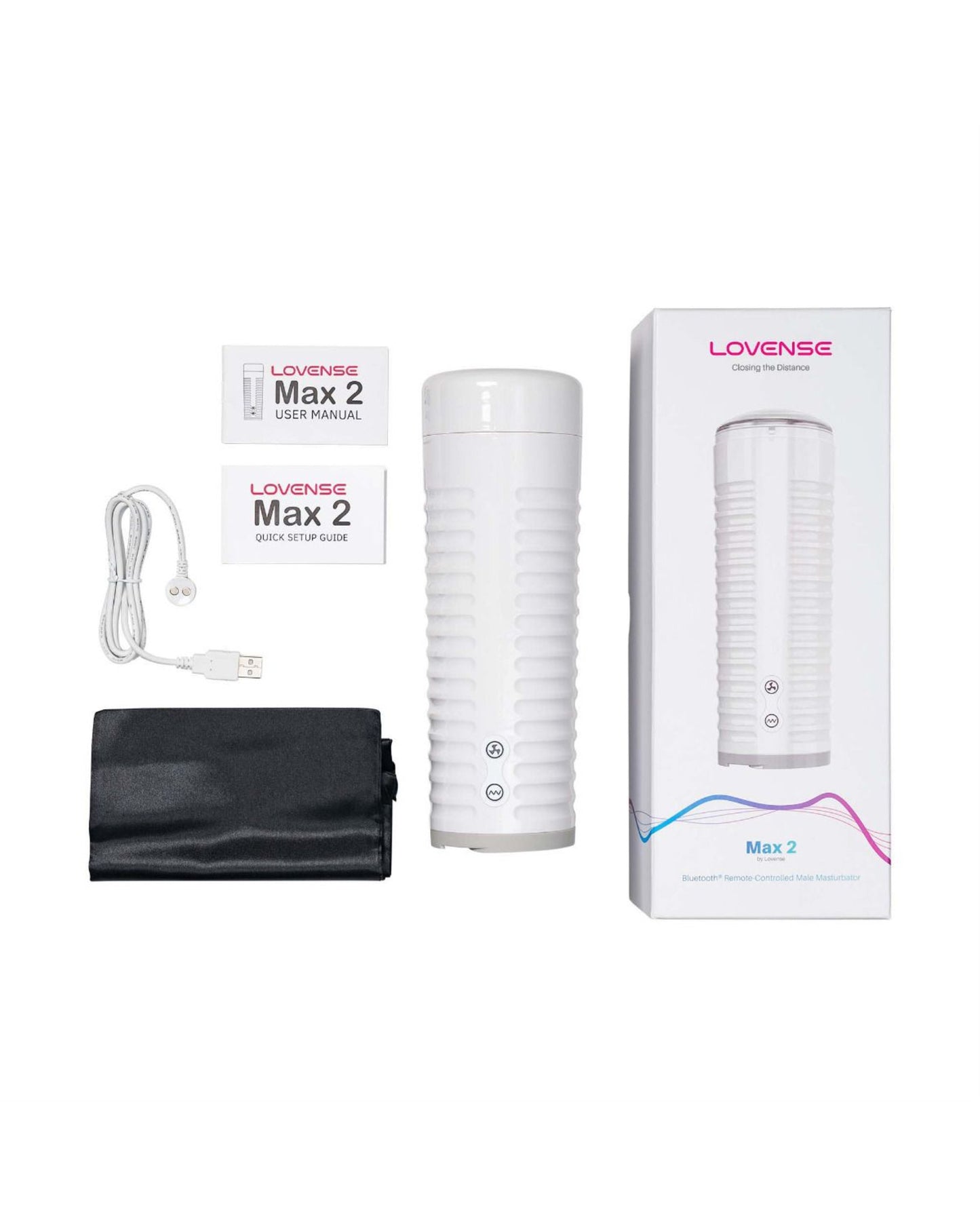Lovense Max 2 with charging cable, storage pouch, guides and retail box