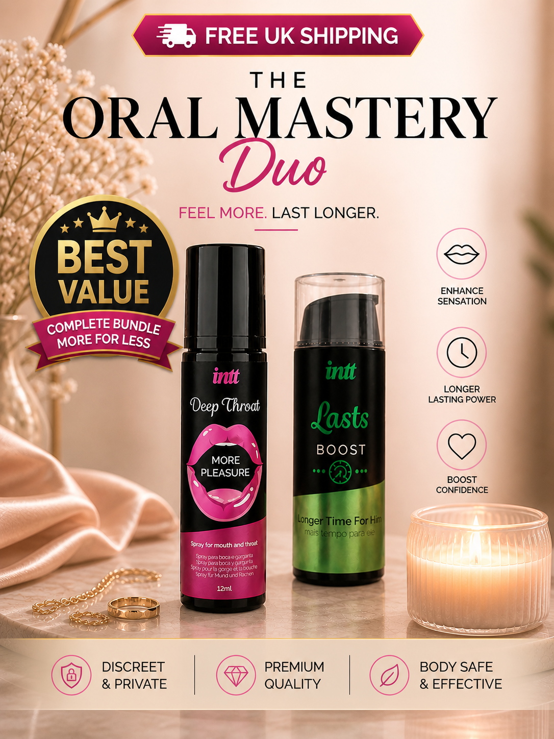 The Oral Mastery Duo featuring INTT Deep Throat Spray and Lasts Prolong & Delay Gel for enhanced endurance and deeper pleasure.