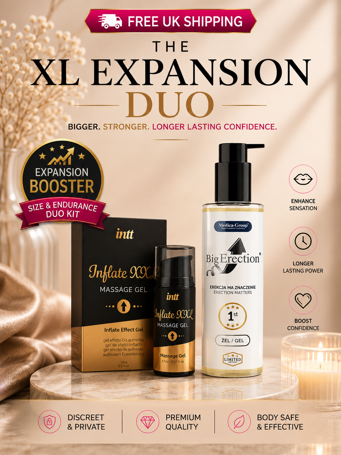 The XL Expansion Duo featuring INTT Inflate XXL and Big Erection Gel on a luxury display for male enhancement.
