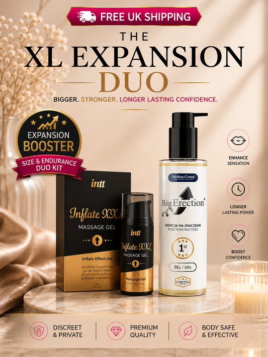 The XL Expansion Duo featuring INTT Inflate XXL and Big Erection Gel on a luxury display for male enhancement.
