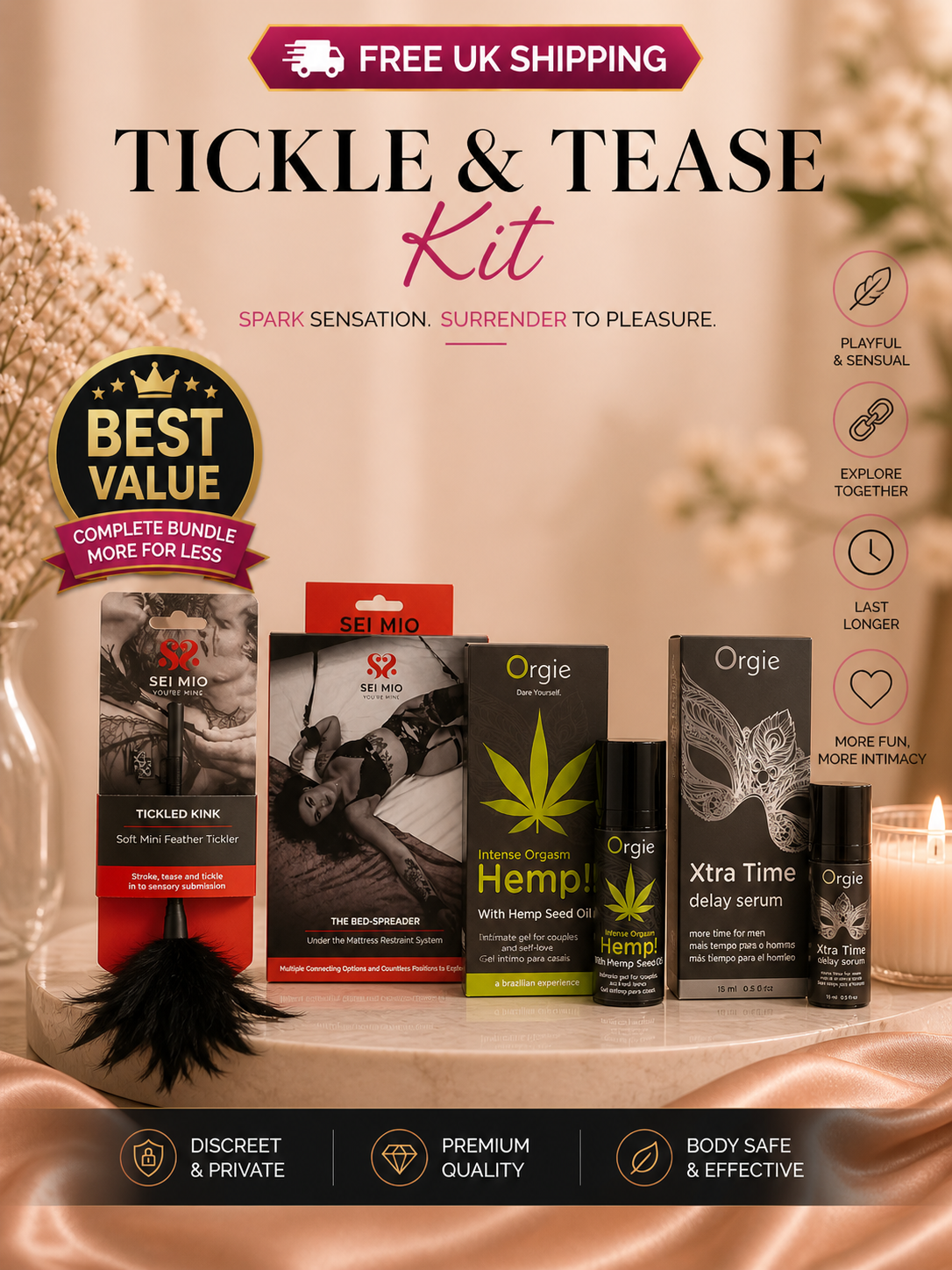 Tickle & Tease Kit bundle for couples featuring SEI MIO mattress restraints, feather tickler, Orgie Hemp intense gel, and Xtra Time delay serum on a marble stand with Free UK Shipping badge.