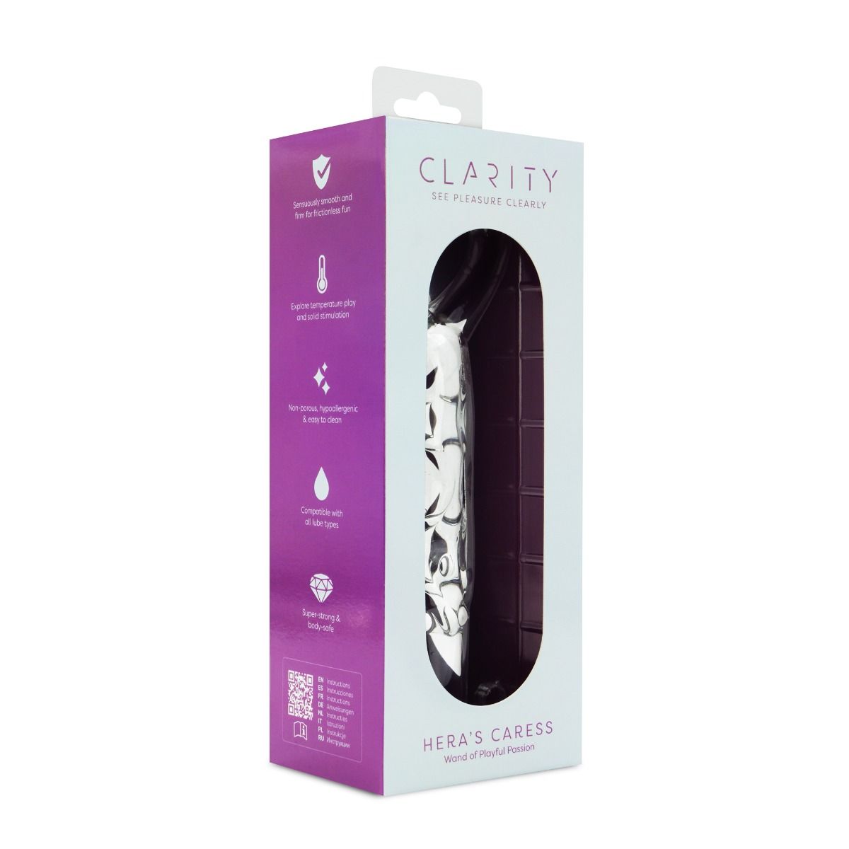 Clarity Hera’s Caress Glass Dildo – dual-ended glass wand for G-spot and temperature play – UK discreet delivery