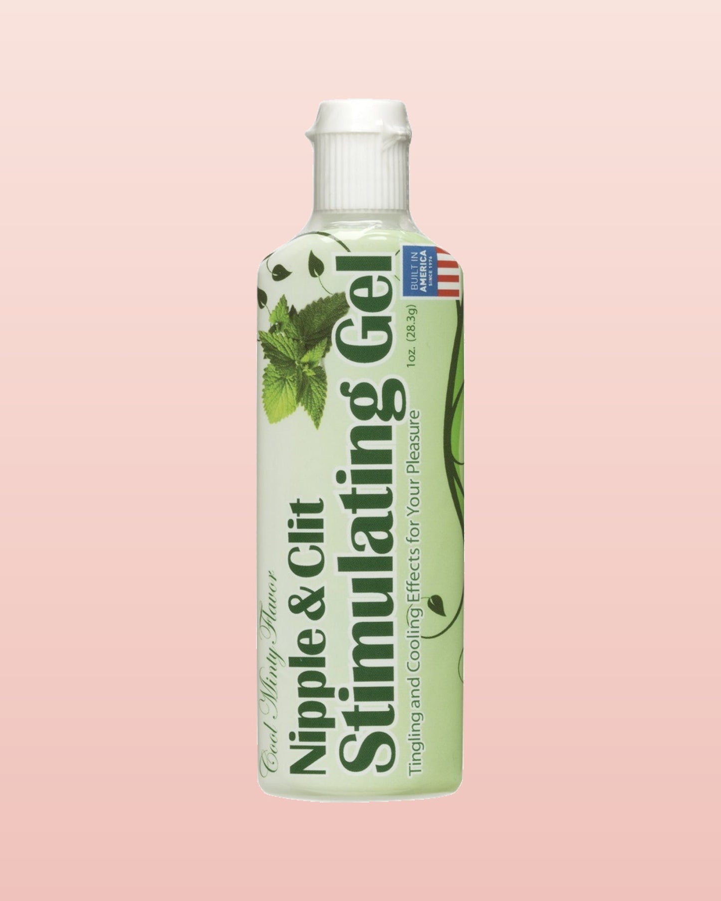 Doc Johnson cooling mint nipple and clitoral stimulating gel bottle on blush pink background