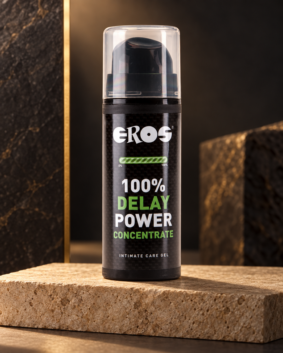 EROS Delay Power Concentrate men's gel on a premium dark studio set