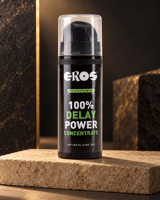 EROS Delay Power Concentrate men's gel on a premium dark studio set