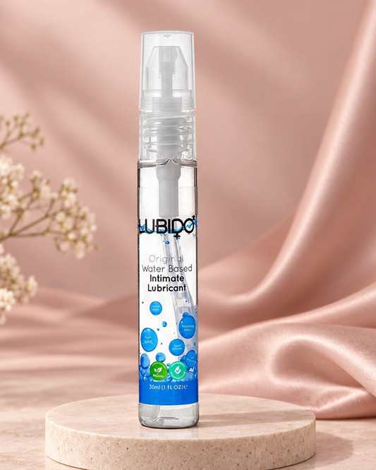 Lubido 30ml water-based lubricant on a blush-pink premium studio set