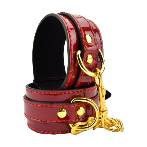 Bound to Please Red Wrist Cuffs – glossy restraints with faux suede lining and quick-release clips – UK discreet delivery