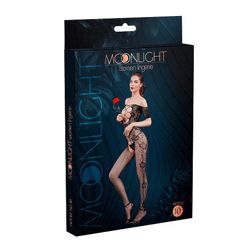 Moonlight Criss-Cross Crotchless Floral Bodystocking – black sheer lace one-piece lingerie – UK discreet delivery