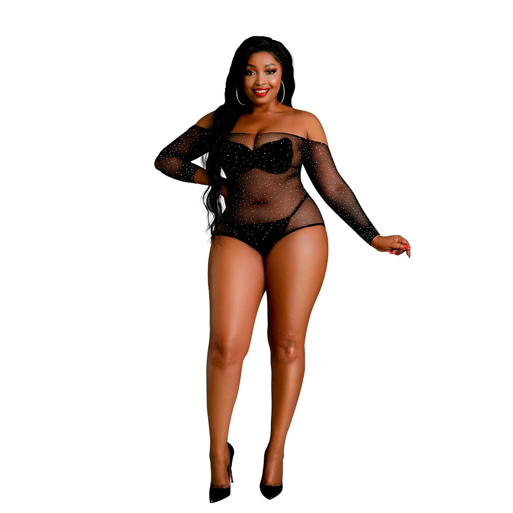 Moonlight Black Off the Shoulder Sparkle Bodysuit – plus size lingerie one-piece with shimmer – UK discreet delivery