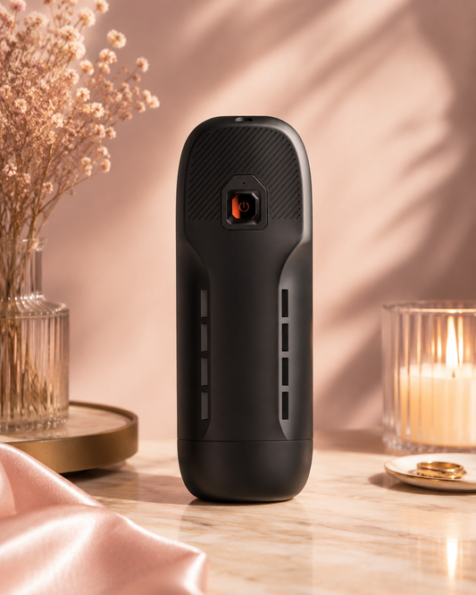 EV rotating and thrusting male masturbator in a premium neutral studio setting