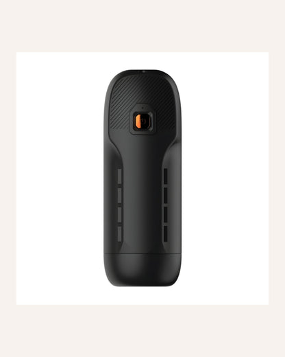 Front view of the black REV rechargeable rotating and thrusting male masturbator