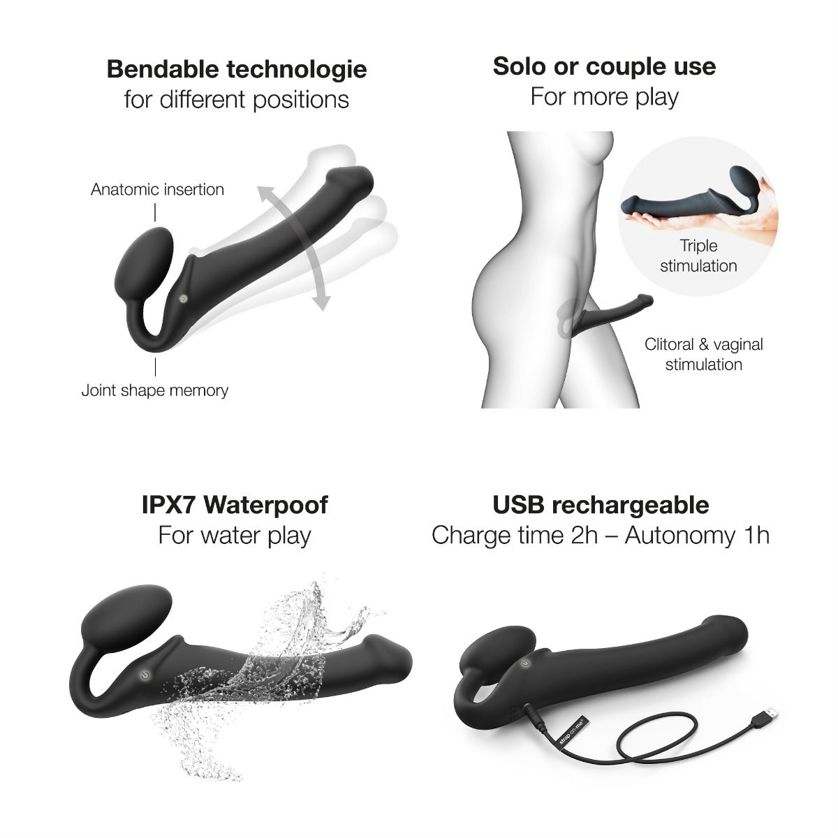 Strap-On Me vibrating bendable strap-on – medium black wearable toy for couples – discreet UK delivery